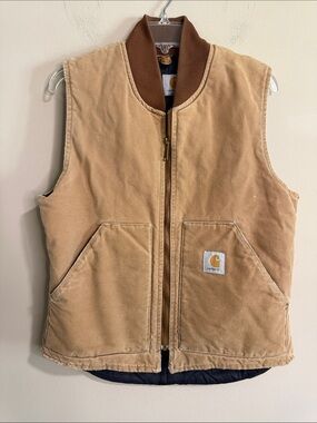 Carhartt Tan Duck Canvas Vest with Brown Rib Collar